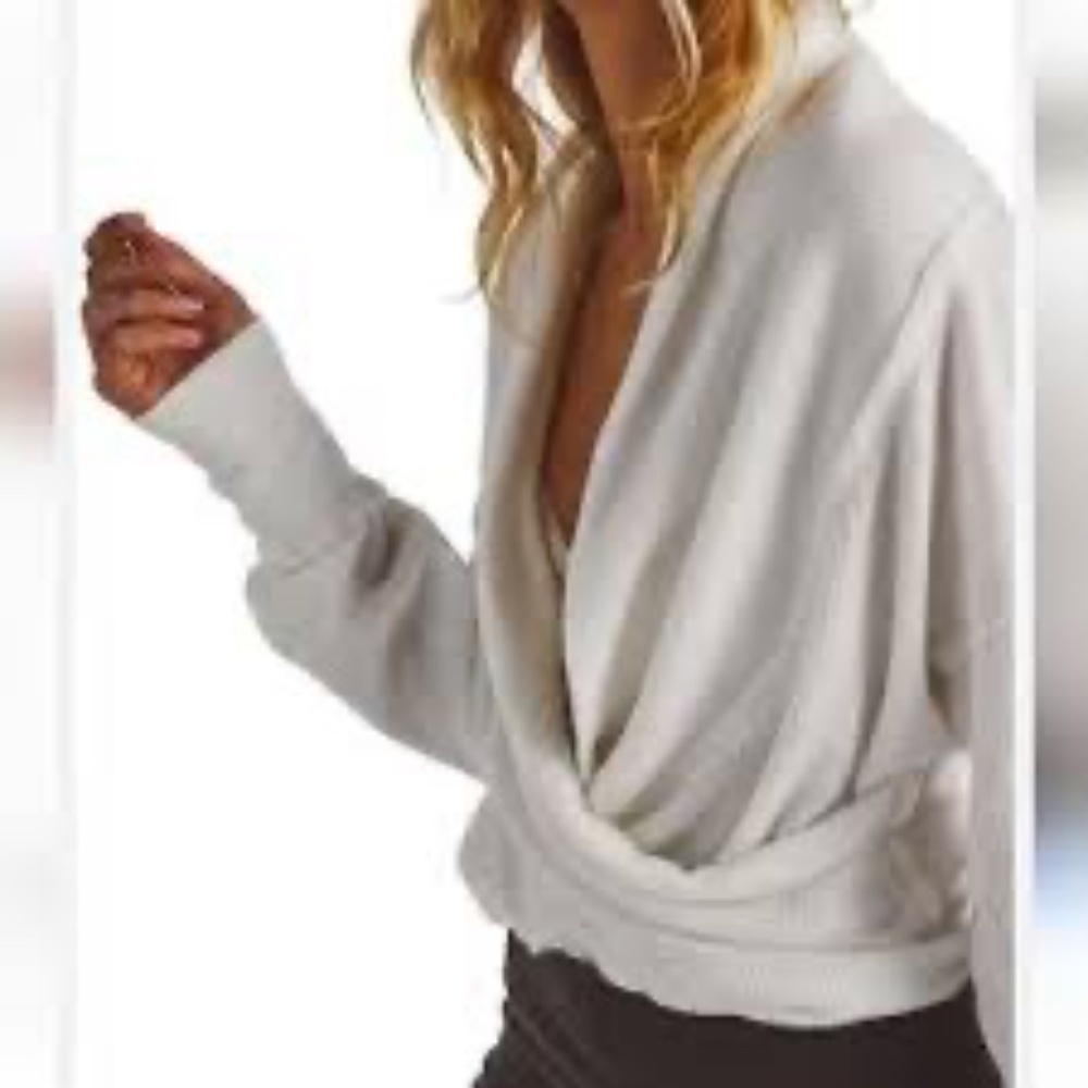 Free People We The Free White Hold Me Close‎ Deep V Neck Faux Wrap Sweater Sz M